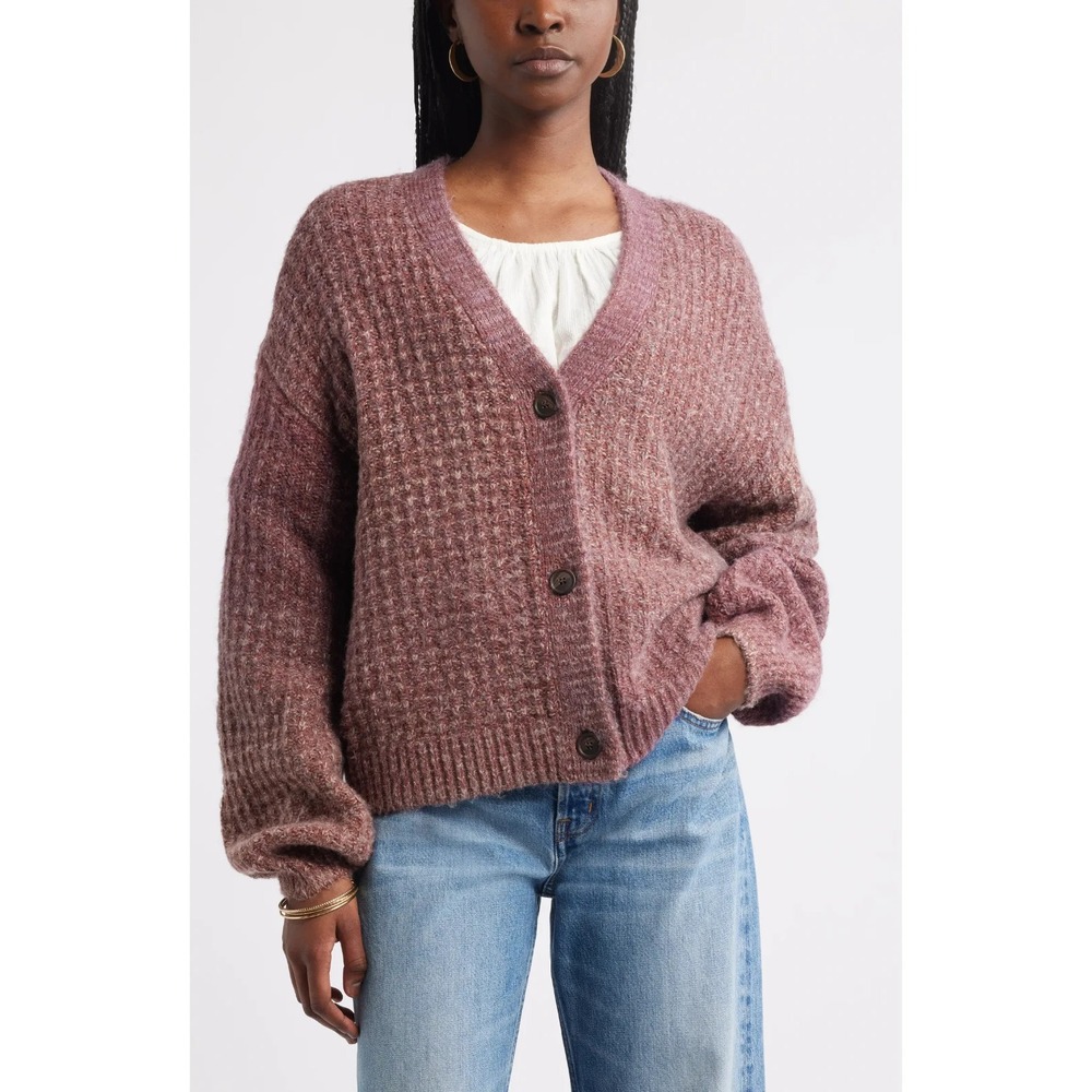 NWT Treasure & Bond Textured V-Neck Cardigan M Burgundy Relaxed Button Knit